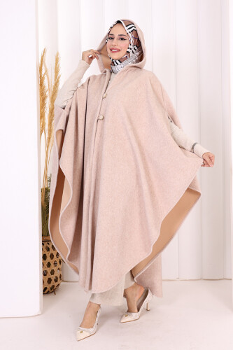 Foks Kumaş Kapşonlu Panço 70130 Somon - 2