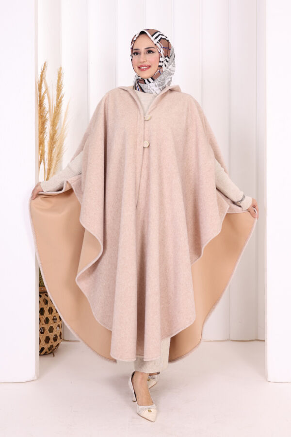 Foks Kumaş Kapşonlu Panço 70130 Somon - 3