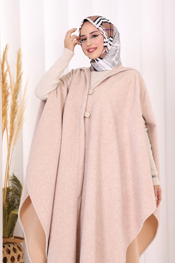 Foks Kumaş Kapşonlu Panço 70130 Somon - 5