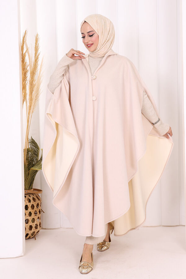 Foks Kumaş Kapşonlu Panço 70130 Taş - 2