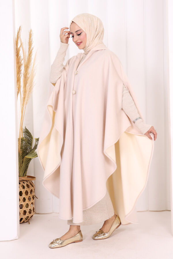 Foks Kumaş Kapşonlu Panço 70130 Taş - 3