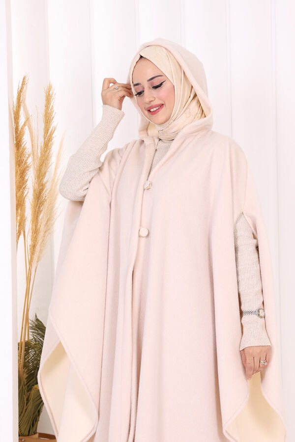 Foks Kumaş Kapşonlu Panço 70130 Taş - 5