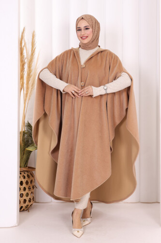 Foks Kumaş Kapşonlu Panço 70130 Vizon