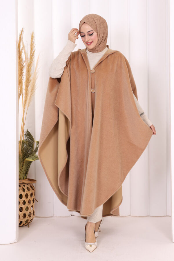 Foks Kumaş Kapşonlu Panço 70130 Vizon - 2