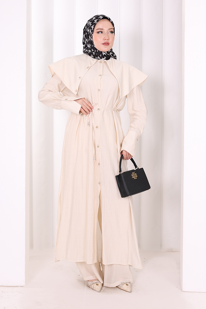 Geniş Yakalı İkili Takım 8036 Ekru - 1