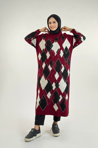Geometrik Desen Tunik 18316 Bordo - Bym Fashion