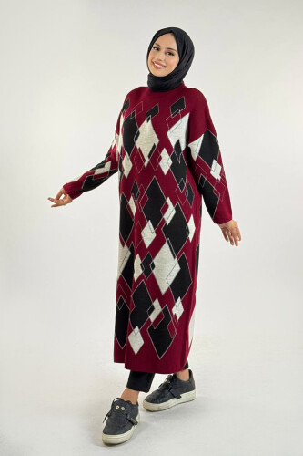 Geometrik Desen Tunik 18316 Bordo - 3