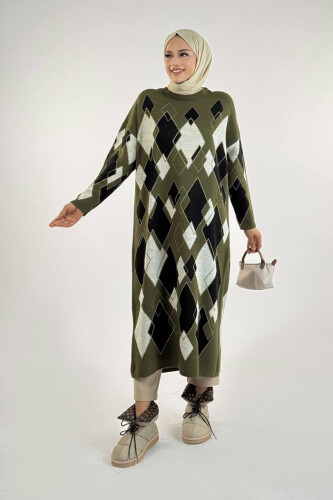 Geometrik Desen Tunik 18316 Haki - Bym Fashion