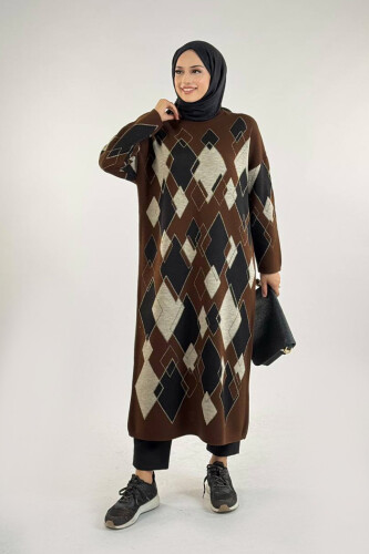 Geometrik Desen Tunik 18316 Kahverengi - Bym Fashion