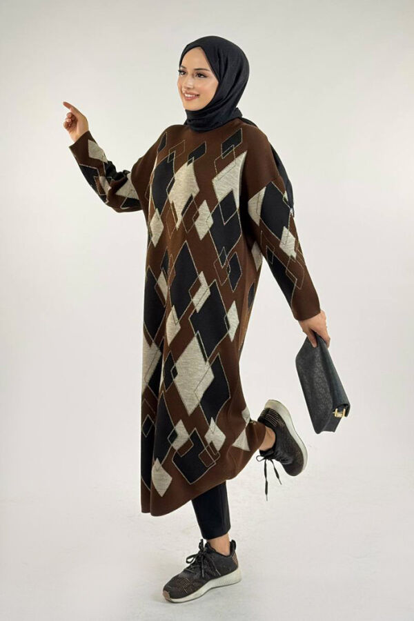 Geometrik Desen Tunik 18316 Kahverengi - 3