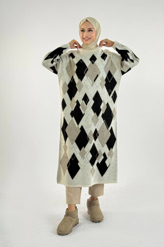 Geometrik Desen Tunik 18316 Taş - Bym Fashion