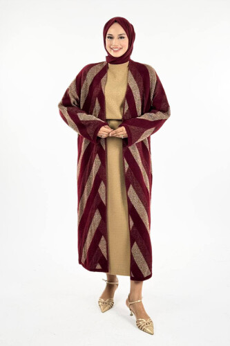 Geometrik Desenli Simli Hırka 18328 Bordo - Bym Fashion