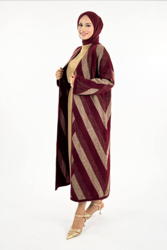 Geometrik Desenli Simli Hırka 18328 Bordo - 3