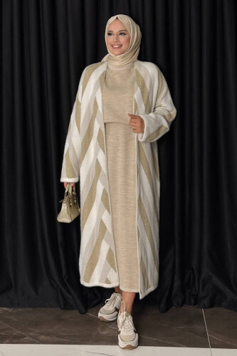 Geometrik Desenli Simli Hırka 18328 Ekru - Bym Fashion