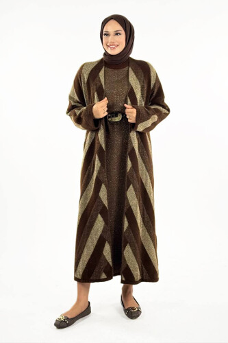 Geometrik Desenli Simli Hırka 18328 Kahverengi - Bym Fashion