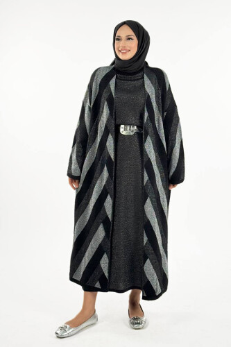 Geometrik Desenli Simli Hırka 18328 Siyah-Gümüş - Bym Fashion