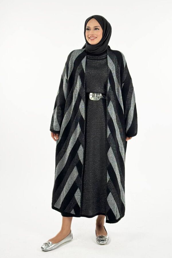 Geometrik Desenli Simli Hırka 18328 Siyah-Gümüş - 1