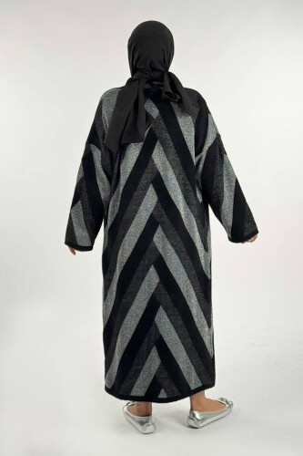 Geometrik Desenli Simli Hırka 18328 Siyah-Gümüş - 2