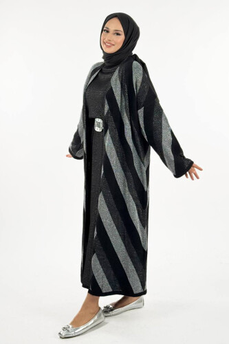 Geometrik Desenli Simli Hırka 18328 Siyah-Gümüş - 3