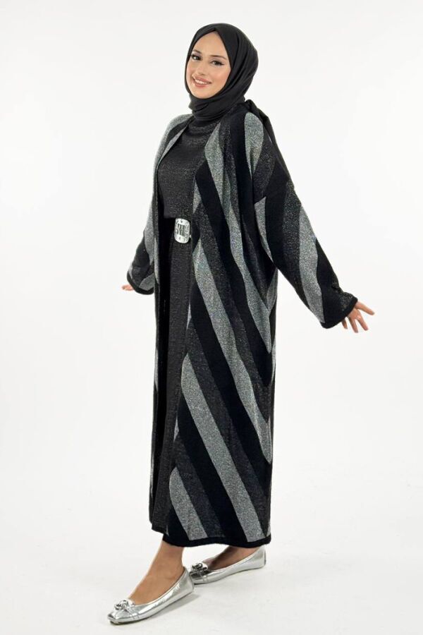 Geometrik Desenli Simli Hırka 18328 Siyah-Gümüş - 3