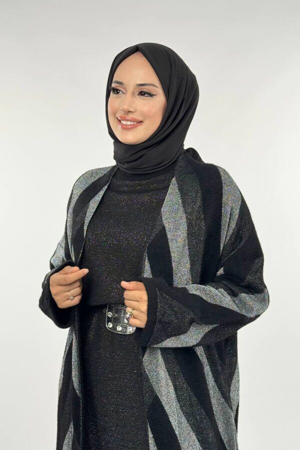 Geometrik Desenli Simli Hırka 18328 Siyah-Gümüş - 4