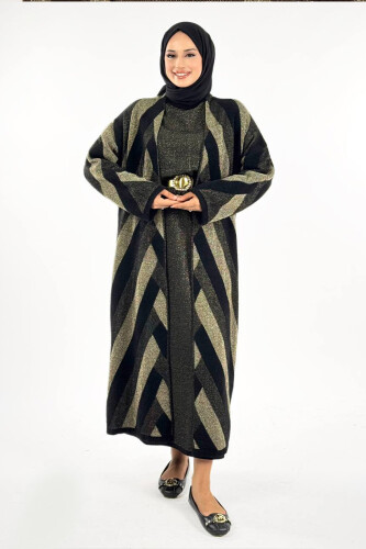 Geometrik Desenli Simli Hırka 18328 Siyah - Bym Fashion