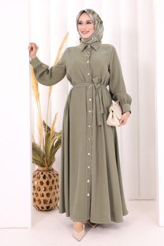 Gold Düğmeli Elbise 7065 Haki