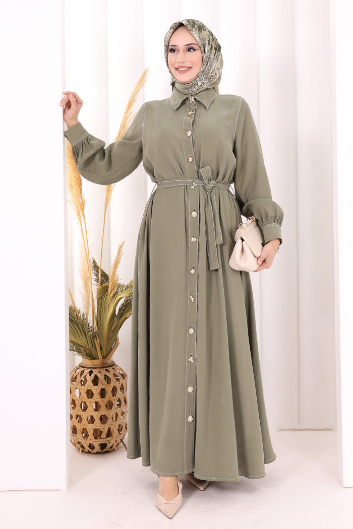 Gold Düğmeli Elbise 7065 Haki - 1