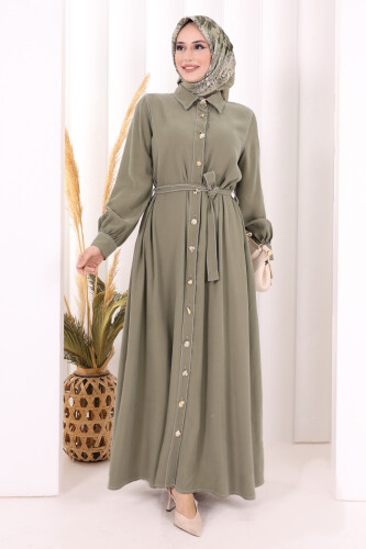 Gold Düğmeli Elbise 7065 Haki - 2