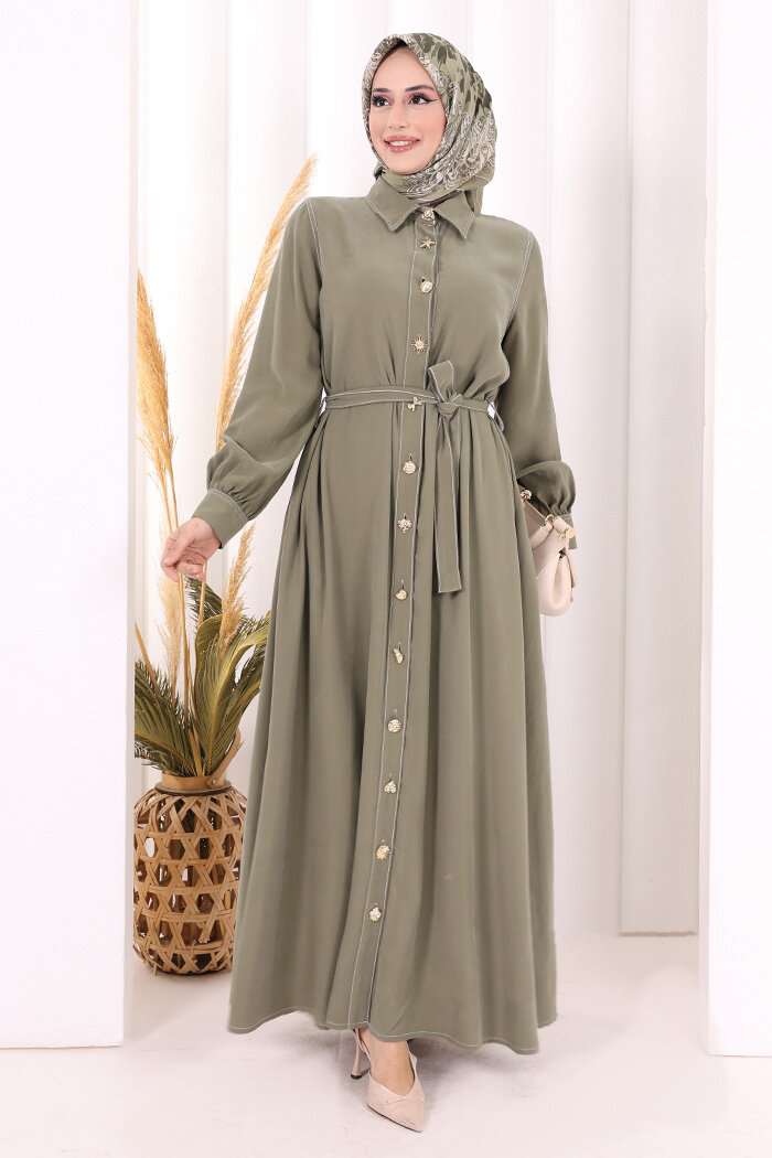 Gold Düğmeli Elbise 7065 Haki - 2