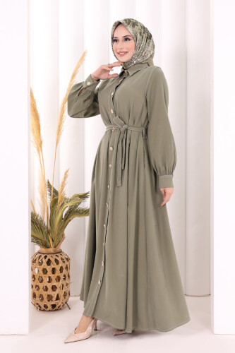 Gold Düğmeli Elbise 7065 Haki - 3