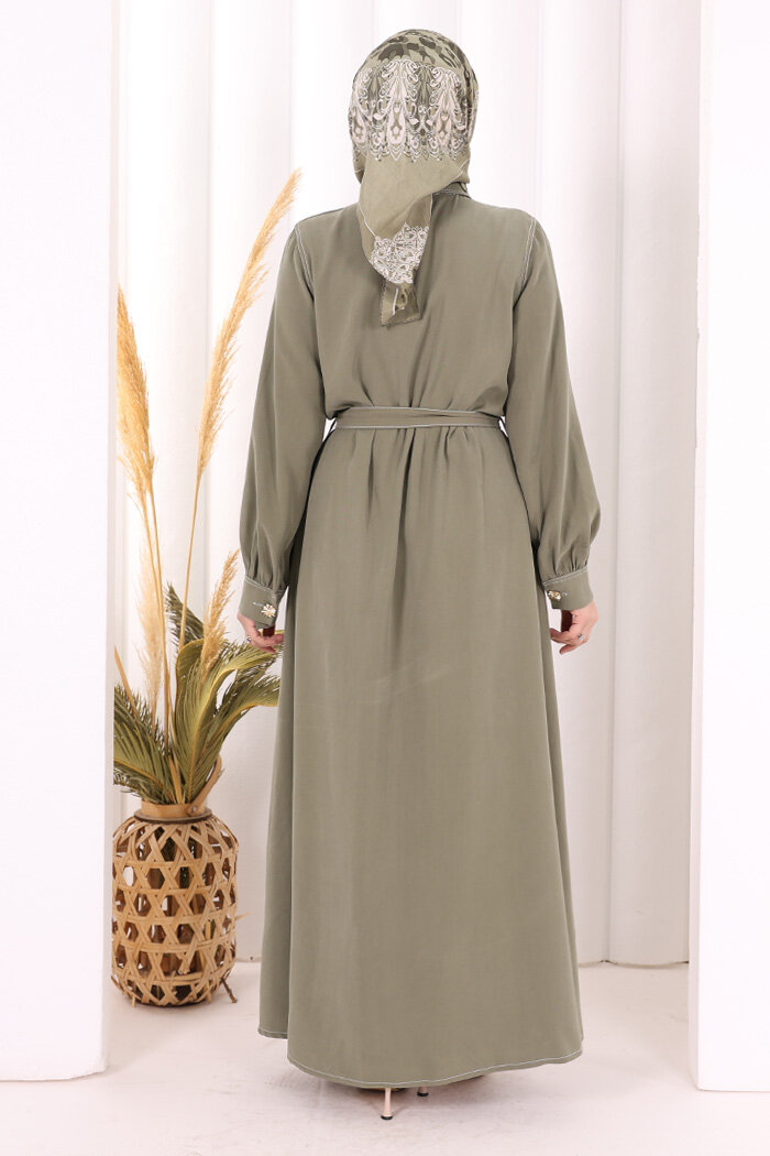 Gold Düğmeli Elbise 7065 Haki - 4