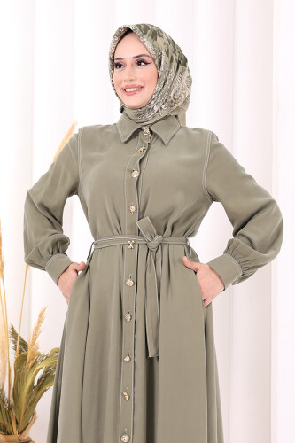 Gold Düğmeli Elbise 7065 Haki - 5