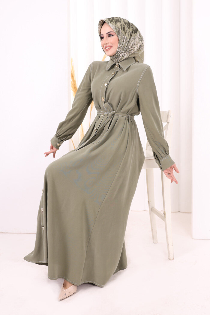 Gold Düğmeli Elbise 7065 Haki - 6