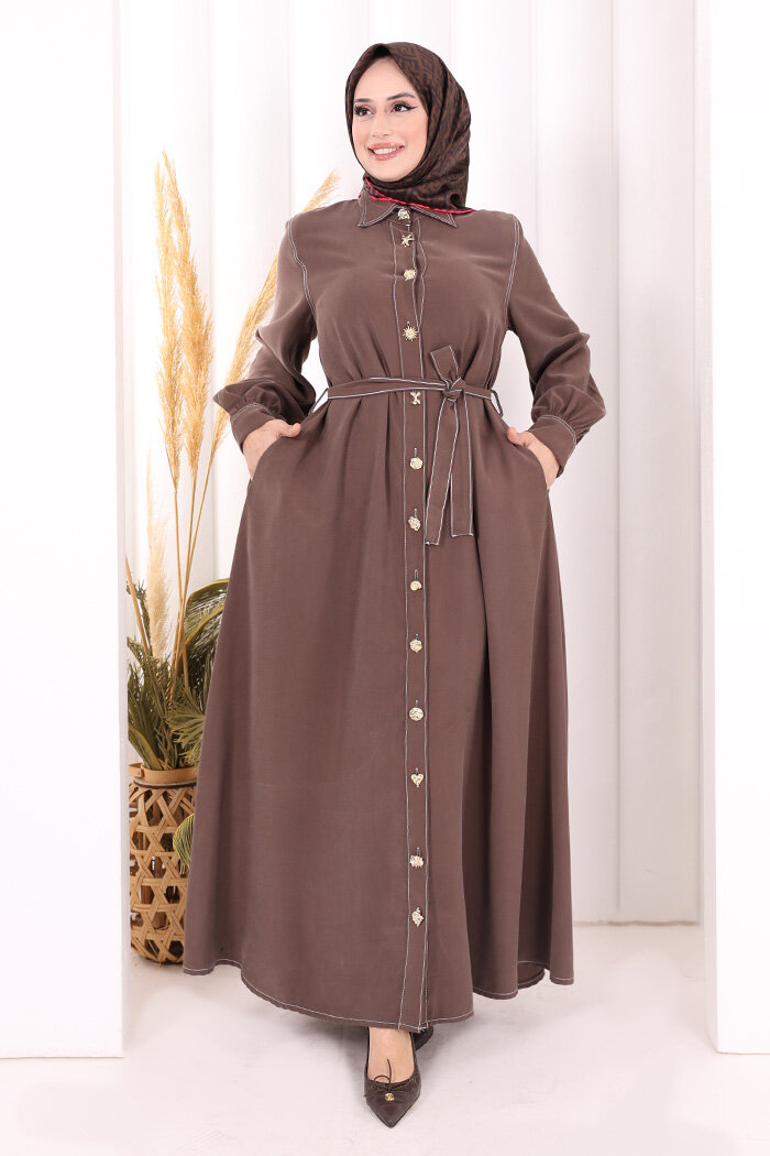 Gold Düğmeli Elbise 7065 Kahverengi - 1