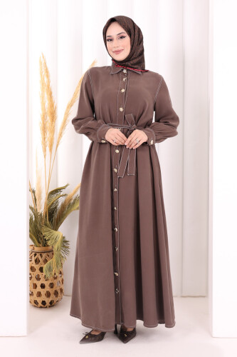 Gold Düğmeli Elbise 7065 Kahverengi - 2