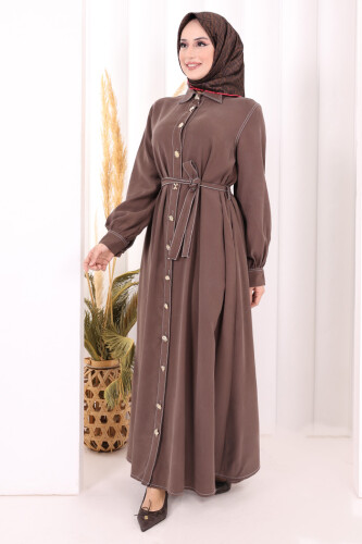 Gold Düğmeli Elbise 7065 Kahverengi - 3