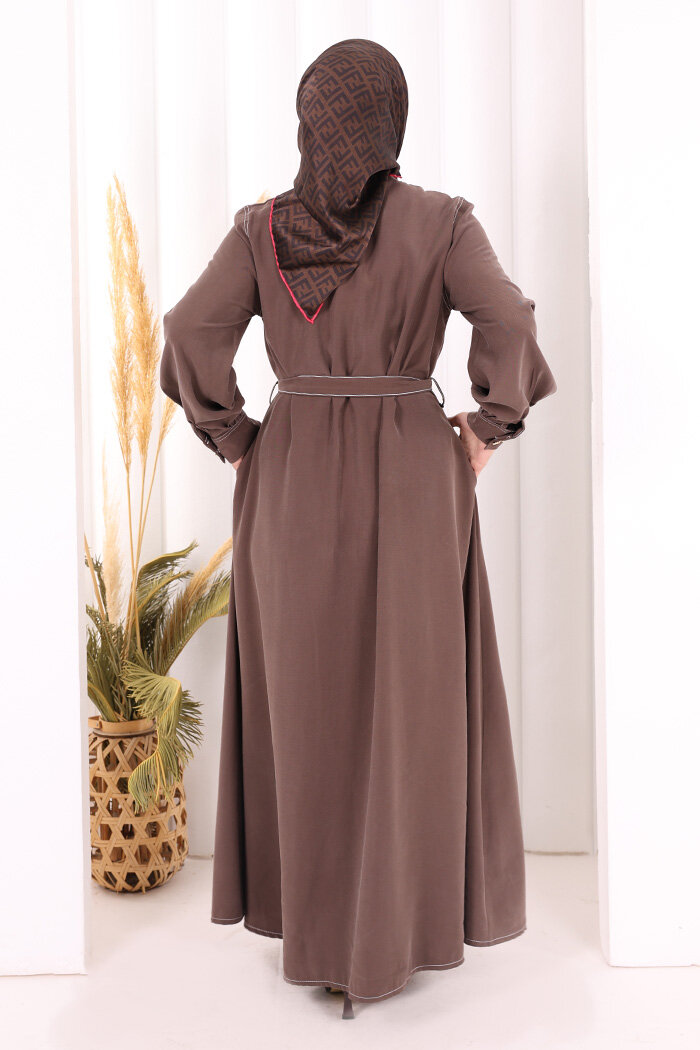 Gold Düğmeli Elbise 7065 Kahverengi - 4