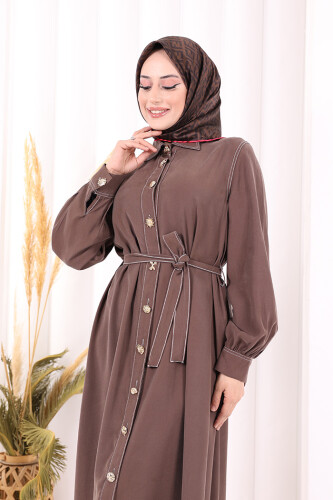 Gold Düğmeli Elbise 7065 Kahverengi - 5