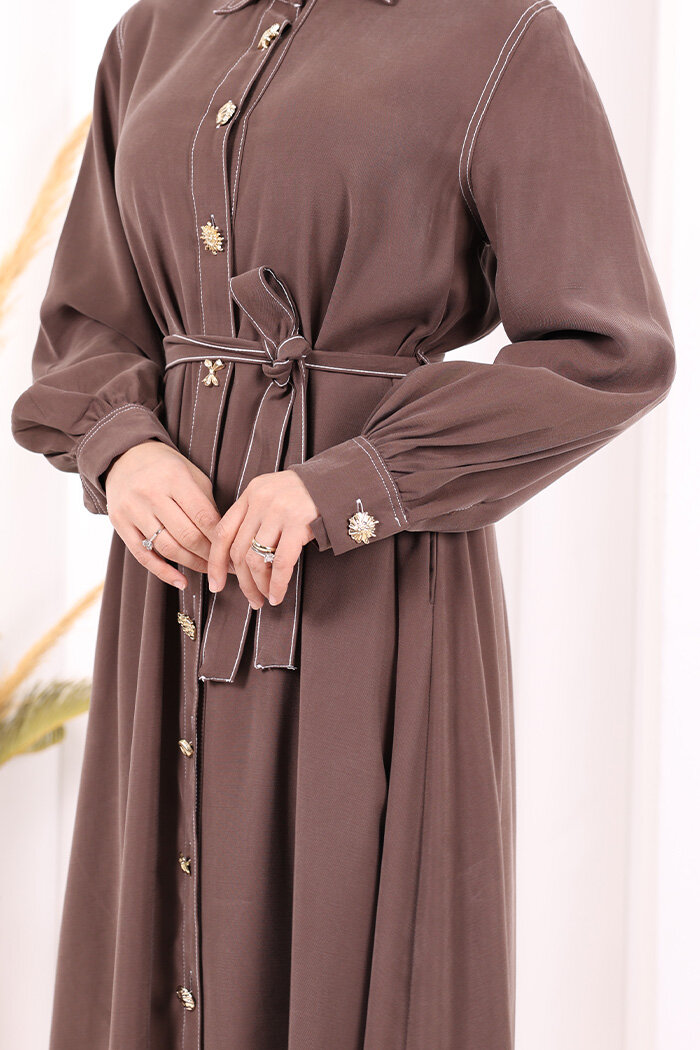 Gold Düğmeli Elbise 7065 Kahverengi - 6