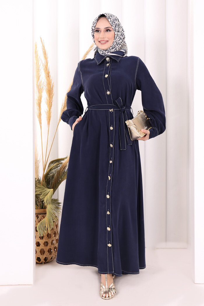 Gold Düğmeli Elbise 7065 Lacivert - 1