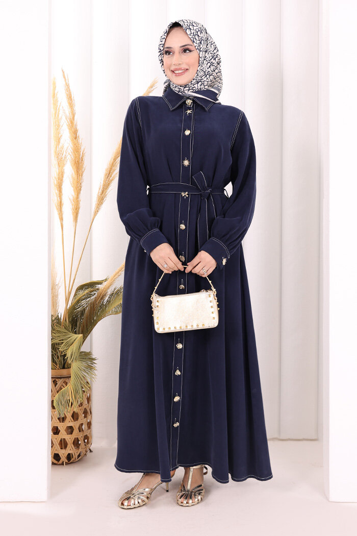 Gold Düğmeli Elbise 7065 Lacivert - 2
