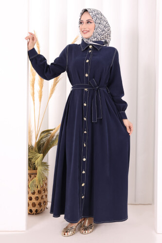 Gold Düğmeli Elbise 7065 Lacivert - 3