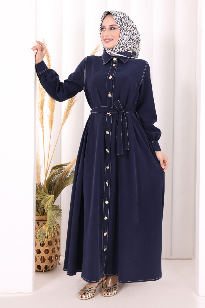 Gold Düğmeli Elbise 7065 Lacivert - 3