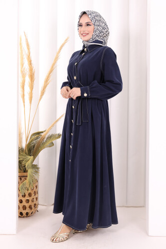Gold Düğmeli Elbise 7065 Lacivert - 4