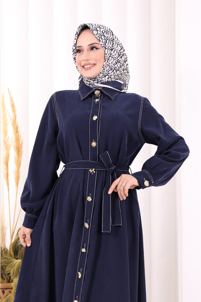 Gold Düğmeli Elbise 7065 Lacivert - 6