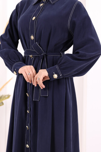 Gold Düğmeli Elbise 7065 Lacivert - 7