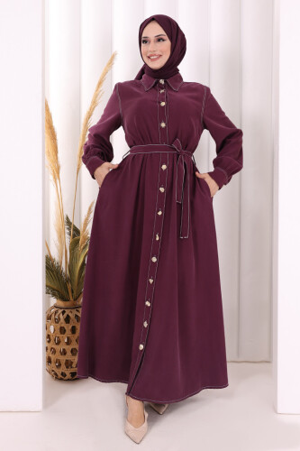 Gold Düğmeli Elbise 7065 Mürdüm