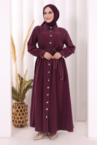 Gold Düğmeli Elbise 7065 Mürdüm - 2