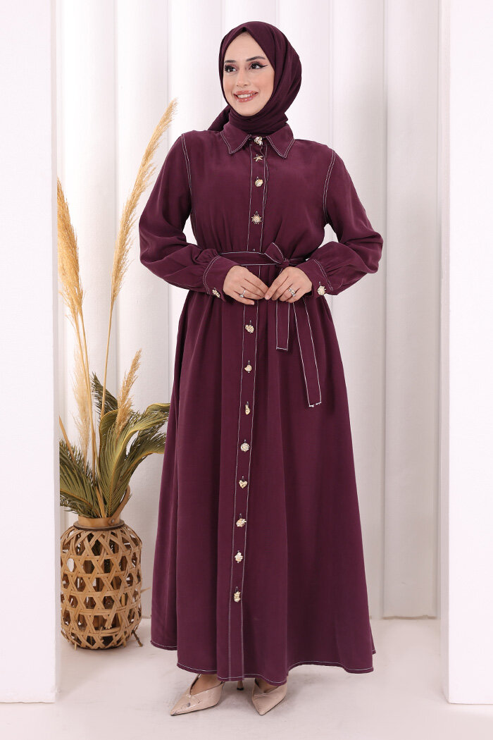 Gold Düğmeli Elbise 7065 Mürdüm - 2